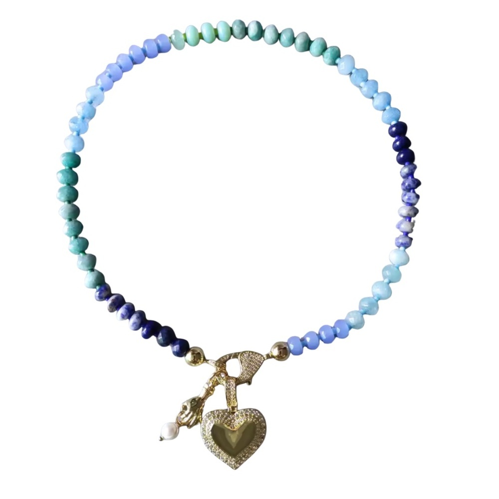 Dyed Jade Beaded Necklace CZ Heart & Pearl Charms Removable 16"
